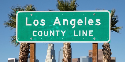 Los Angeles county line street sign with palm trees and the city skyline in the background