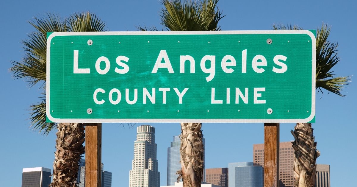 Los Angeles county line street sign with palm trees and the city skyline in the background